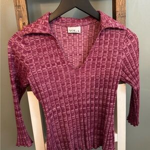 Women's Ribbed V-Neck Collared Long Sleeve Top in Plum